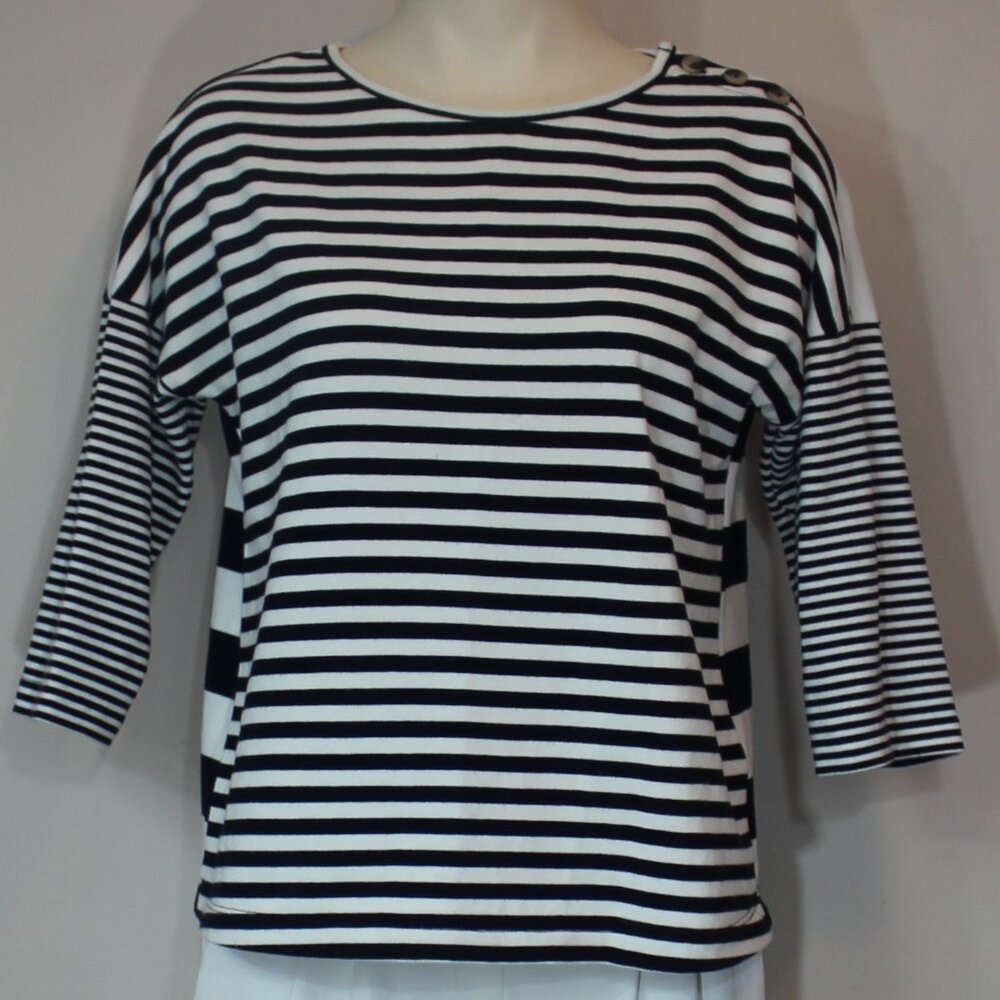 ba&sh black white stiped top French sailor shoulder button crew neck sz 4 small